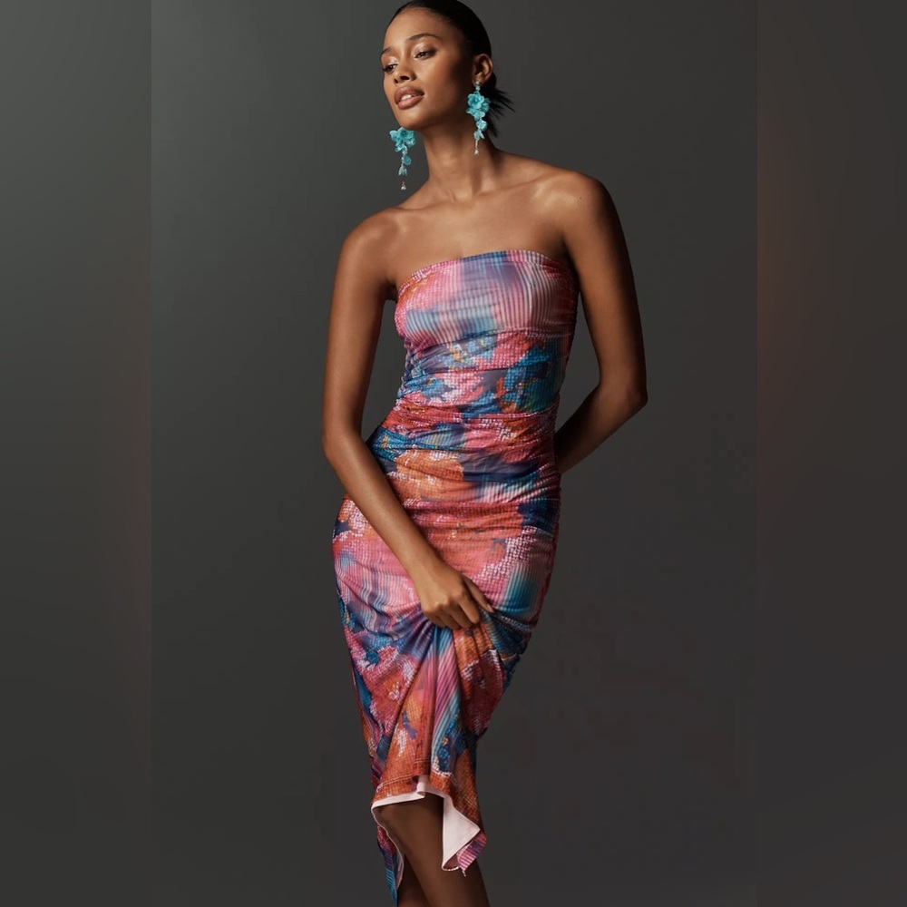 Anthropology Slim Strapless Ruched Mesh Dress